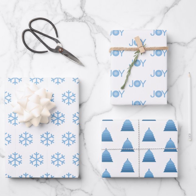 Blue Snowflakes, Joy and Christmas Tree Pattern Wrapping Paper Sheet (Front)