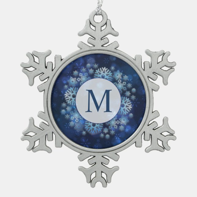Blue Snowflakes Monogram Pewter Snowflake Ornament (Front)