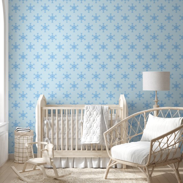 Blue Snowflakes on Blue Nursery Wallpaper (Kids)