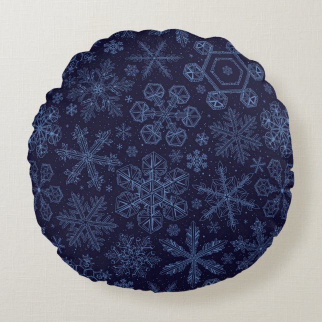 Blue Snowflakes on blue Round Cushion (Front)