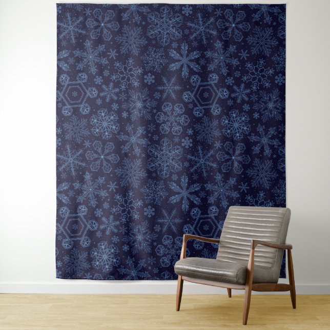 Blue Snowflakes on blue Tapestry (In Situ)