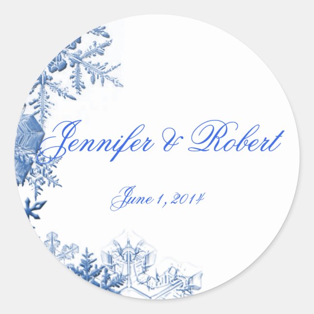 Blue Snowflakes on White Background Classic Round Sticker (Front)