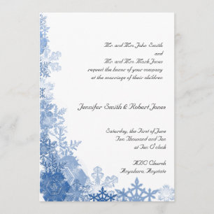 Blue Snowflakes on White Wedding Invitation
