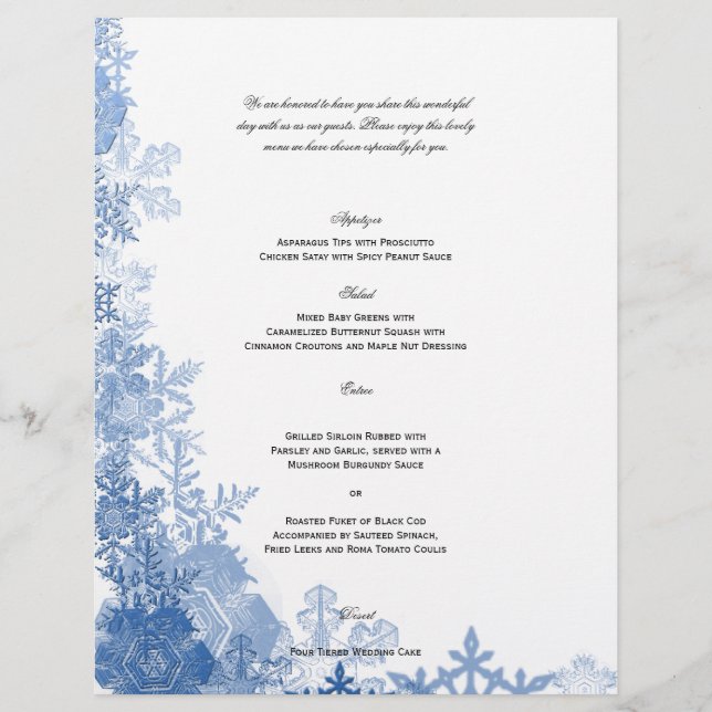 Blue Snowflakes on White Wedding Menu (Front)