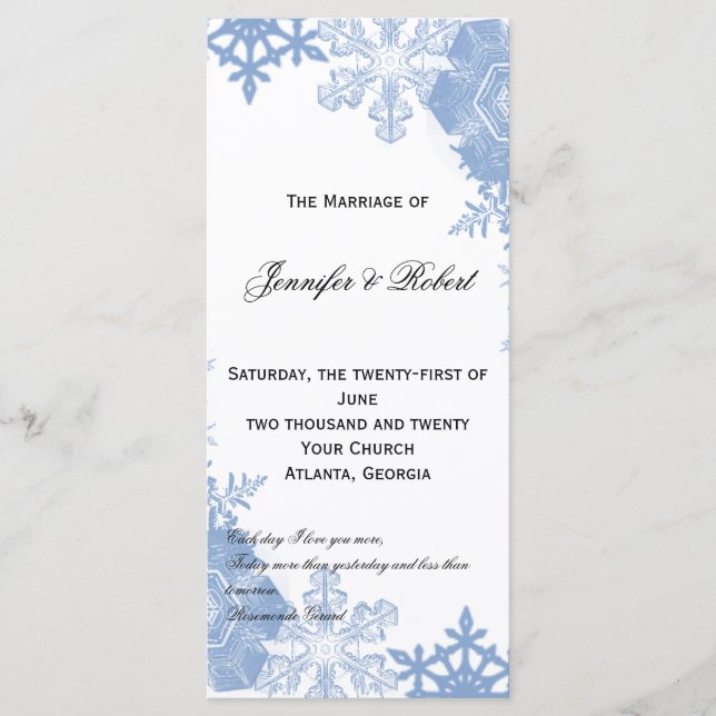 Blue Snowflakes on White Wedding Program (Front)