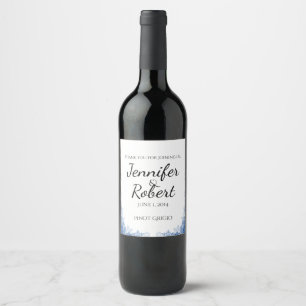 Blue Snowflakes on White Wedding Wine Label