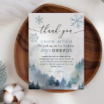 Blue Snowflakes ONEderful 1st Birthday Thank You Card<br><div class="desc">Elegant winter birthday party thank you card featuring watercolor illustration of blue snowy mountain with pine trees and snowflakes. The text says "thank you snow much for making my 1st birthday ONEderful." Perfect for a boy's first birthday.</div>