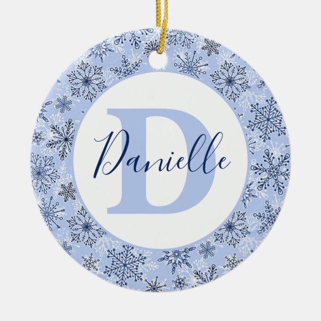 Blue snowflakes personalised ceramic ornament (Front)
