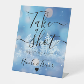 Blue Snowflakes Personalised Wedding Take a Shot Pedestal Sign