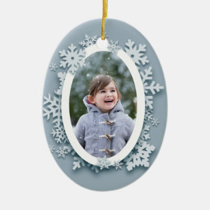 Blue Snowflakes Photo Ceramic Ornament