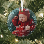 Blue Snowflakes & Stars Baby's 1st Christmas Photo Glass Tree Decoration<br><div class="desc">Beautiful round glass Christmas ornament to celebrate your baby's first Christmas. Add a photo of your baby boy and his name and the year. Blue snowflakes and white stars are printed on your photo to give it a beautifully wintery feel. Snowflake and star themed first Christmas ornament in glass personalised...</div>