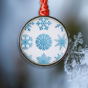 Blue Snowflakes White Christmas Metal Ornament
