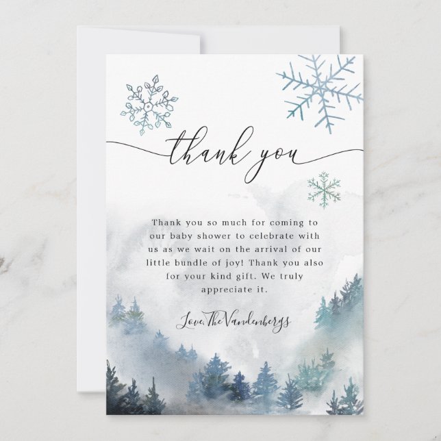 Blue Snowflakes Winter Baby Shower Thank You Card (Front)