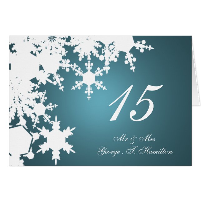 blue snowflakes winter wedding table seating card (Front Horizontal)