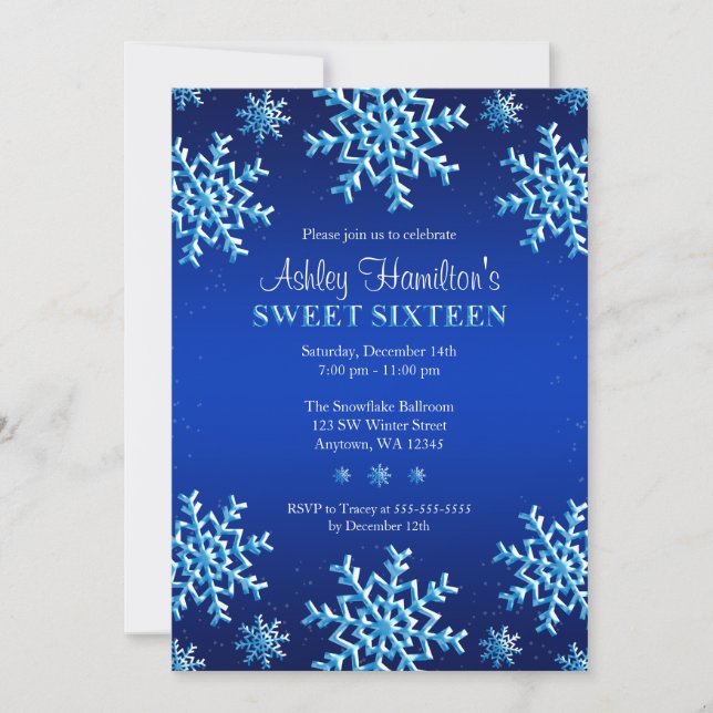 Blue Snowflakes Winter Wonderland Sweet 16 Invitation (Front)