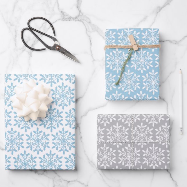 Blue Snowflakes Wrapping Paper Flat Sheet Set of 3 (Front)