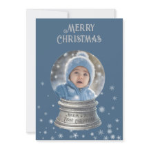 Blue Snowglobe Snowflake Photo Flat Holiday Card