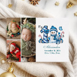 Blue Snowman 3 Photo  First Christmas Holiday Card<br><div class="desc">Celebrate your little one’s first holiday season with this cheerful winter design featuring a blue plaid number,  adorable snowman,  and scattered candy canes and gifts. Customise it with your baby's photo and birth details to create a keepsake that brings charm and magic to your holiday memories.</div>