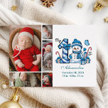 Blue Snowman 5 Photo  First Christmas Holiday Card<br><div class="desc">Celebrate your little one’s first holiday season with this cheerful winter design featuring a blue plaid number,  adorable snowman,  and scattered candy canes and gifts. Customise it with your baby's photo and birth details to create a keepsake that brings charm and magic to your holiday memories.</div>
