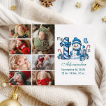 Blue Snowman 7 Photo  First Christmas Holiday Card<br><div class="desc">Celebrate your little one’s first holiday season with this cheerful winter design featuring a blue plaid number,  adorable snowman,  and scattered candy canes and gifts. Customise it with your baby's photo and birth details to create a keepsake that brings charm and magic to your holiday memories.</div>