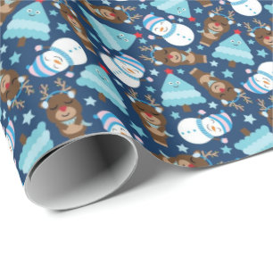 Blue Snowman and Blue Christmas Tree Wrapping Paper