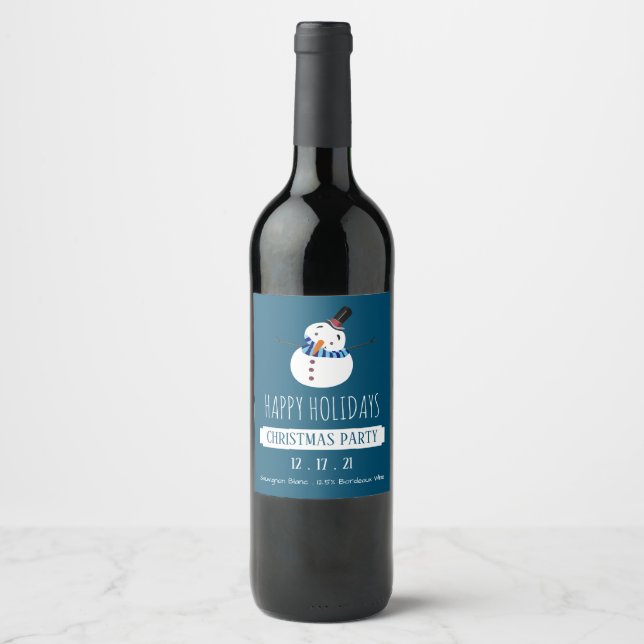 Blue Snowman, Christmas Party Wine Label (Front)
