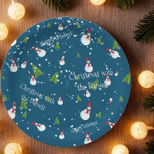 Blue Snowman Christmas Personalised Paper Plate