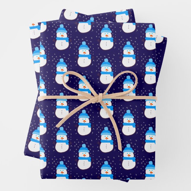 Blue Snowman in Flurry Wrapping Paper Sheet (In situ)