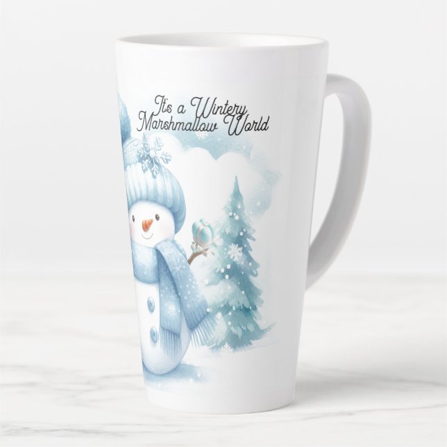 Blue Snowman Marshmallow World  Latte Mug (Right Angle)