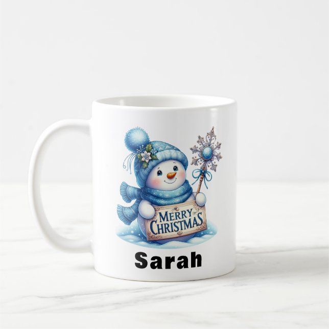  Blue Snowman Merry Christmas Sign Coffee Mug (Left)