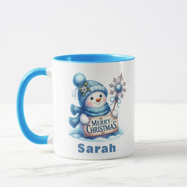  Blue Snowman Merry Christmas Sign Mug (Left)