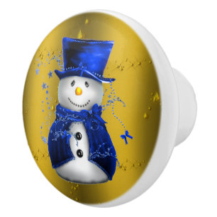 Blue Snowman on Gold Christmas Ceramic Knob