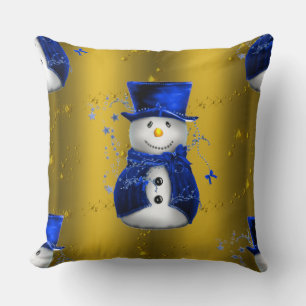 Blue Snowman on Gold Christmas Cushion
