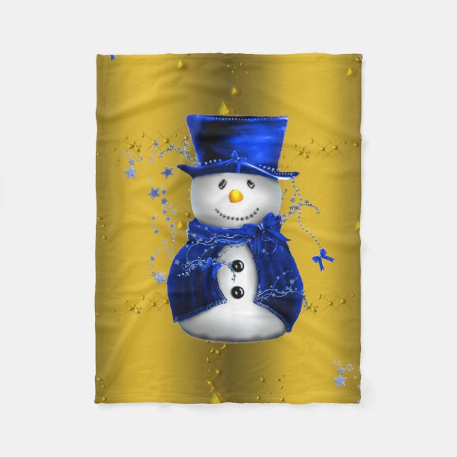 Blue Snowman on Gold Christmas Fleece Blanket (Front)