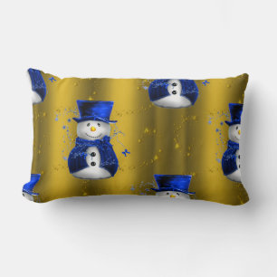 Blue Snowman on Gold Christmas Lumbar Cushion