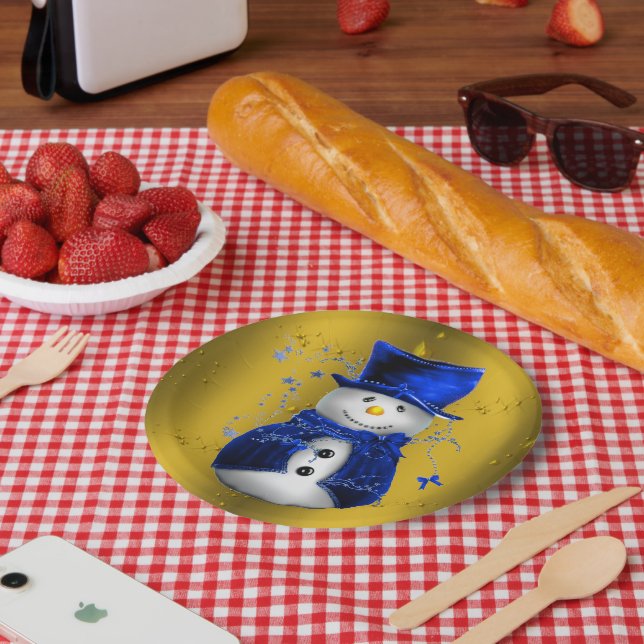 Blue Snowman on Gold Christmas Paper Plate (Picnic)
