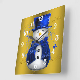 Blue Snowman on Gold Christmas Square Wall Clock