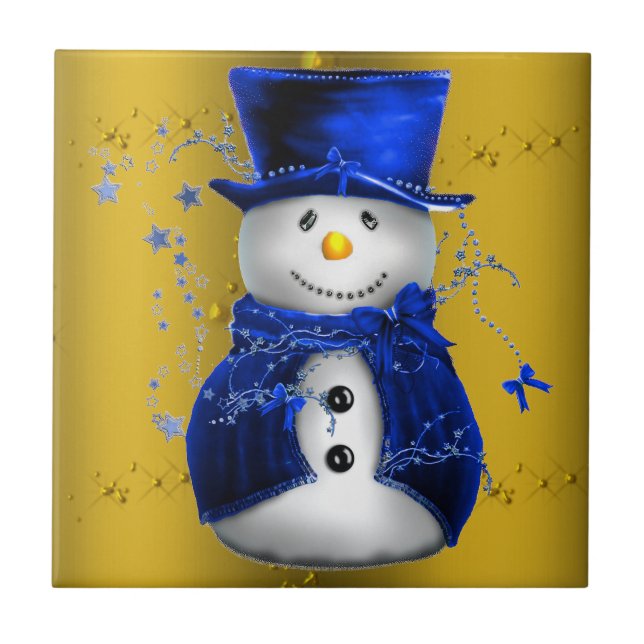 Blue Snowman on Gold Christmas Tile (Front)
