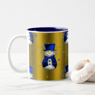 Blue Snowman on Gold Christmas Two-Tone Coffee Mug