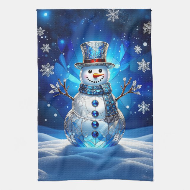 Blue Snowman Snowflakes Holiday Kitchen Towel (Vertical)