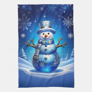 Blue Snowman Snowflakes Holiday Kitchen Towel