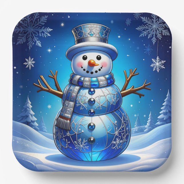 Blue Snowman Snowflakes Holiday Paper Plate (Front)