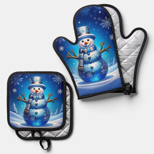 Blue Snowman Snowflakes Oven Mitt & Pot Holder Set (Front/Back)