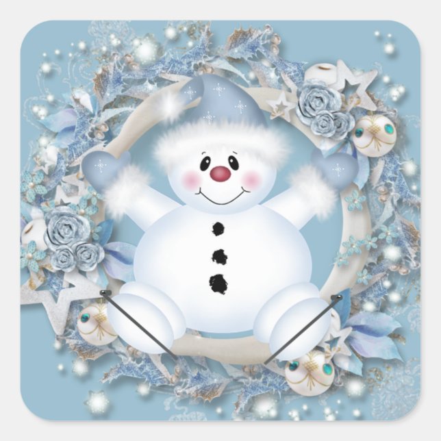 Blue Snowman Square Sticker (Front)