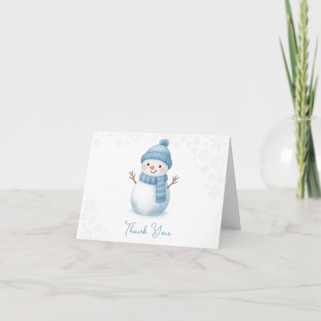Blue Snowman Winter Baby Shower Thank You Card (Front)