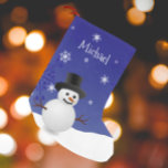 Blue Snowman Winter Scene Christmas Stocking<br><div class="desc">Add a whimsical touch to your mantle this holiday season with a personalised Blue Snowman Winter Scene Christmas Stocking. Stocking design features a happy snowman in a snowy wintry scene against a royal blue background adorned with matching colour snowflakes. Additional gift and holiday items available with this design as well....</div>