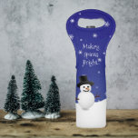 Blue Snowman Winter Scene Christmas Wine Tote<br><div class="desc">Tote your wine to your holiday parties and get together's with this whimsical Blue Snowman Winter Scene Christmas Wine Tote. Wine tote design features a happy snowman in a snowy wintry scene against a royal blue background adorned with matching colour snowflakes and the saying "Making Spirits Bright" which you can...</div>