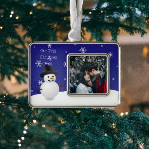 Blue Snowman Winter Scene Framed Photo First Silver Plated Framed Ornament
