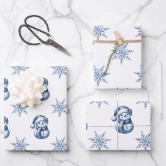 Blue Snowmen Christmas  Wrapping Paper Sheet