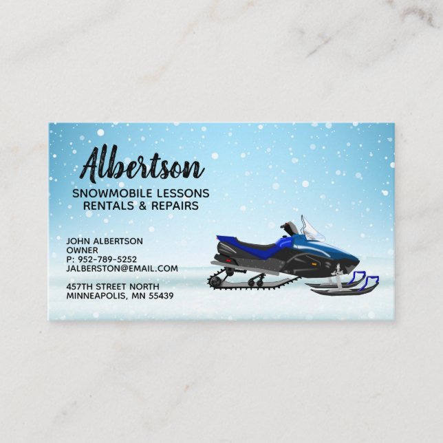 Blue Snowmobile Rental Lessons Business Cards (Front)